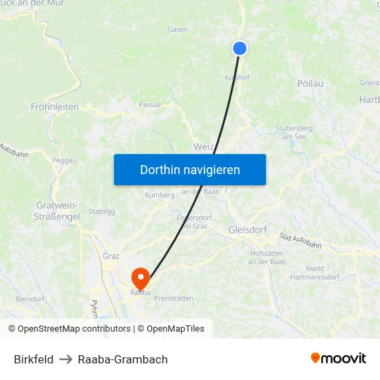 Birkfeld to Raaba-Grambach map