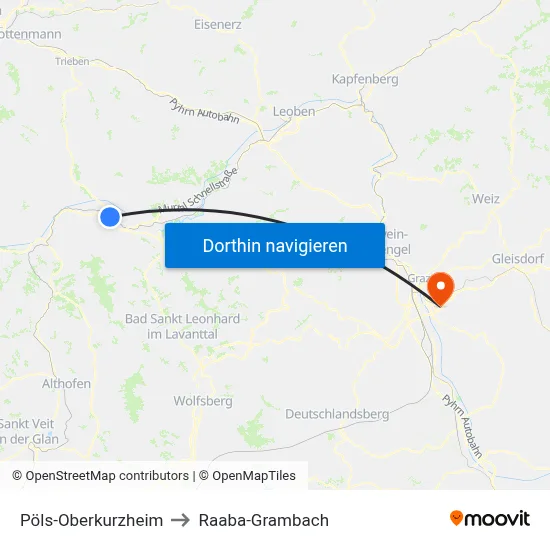 Pöls-Oberkurzheim to Raaba-Grambach map