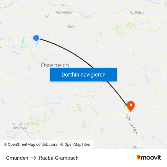 Gmunden to Raaba-Grambach map