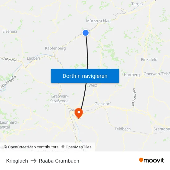 Krieglach to Raaba-Grambach map