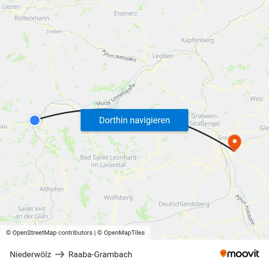 Niederwölz to Raaba-Grambach map