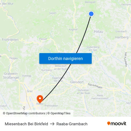 Miesenbach Bei Birkfeld to Raaba-Grambach map