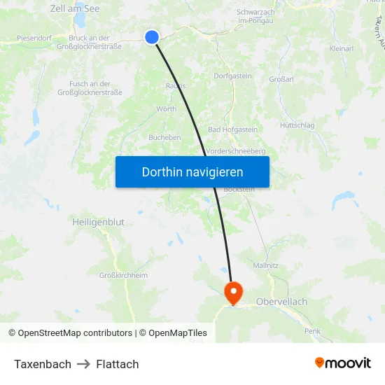 Taxenbach to Flattach map