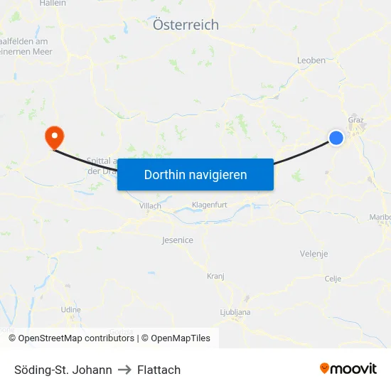 Söding-St. Johann to Flattach map
