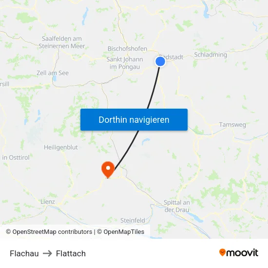 Flachau to Flattach map