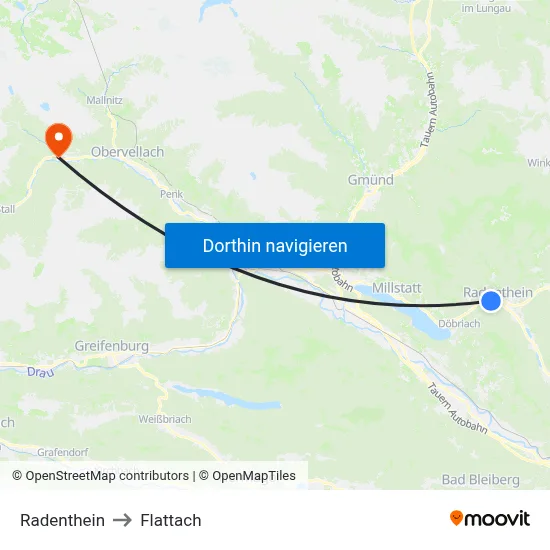 Radenthein to Flattach map