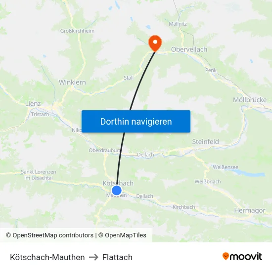 Kötschach-Mauthen to Flattach map