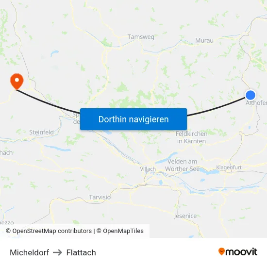 Micheldorf to Flattach map