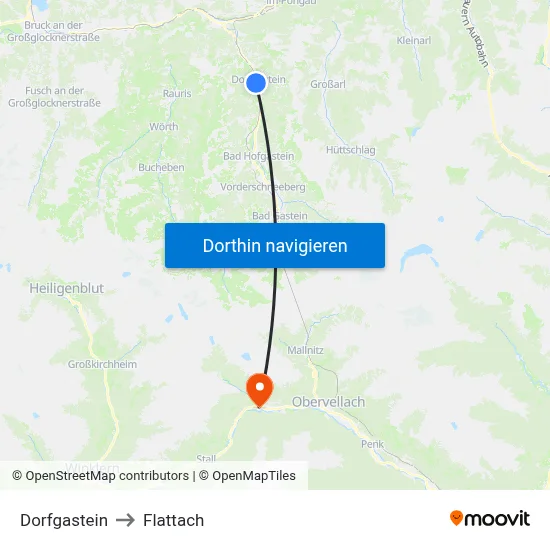 Dorfgastein to Flattach map
