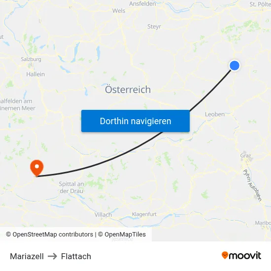 Mariazell to Flattach map