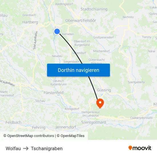 Wolfau to Tschanigraben map