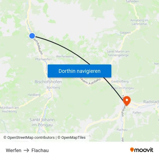 Werfen to Flachau map
