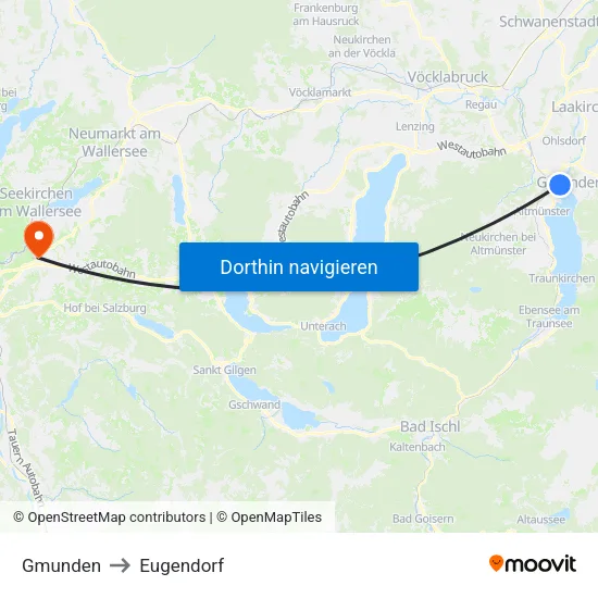 Gmunden to Eugendorf map