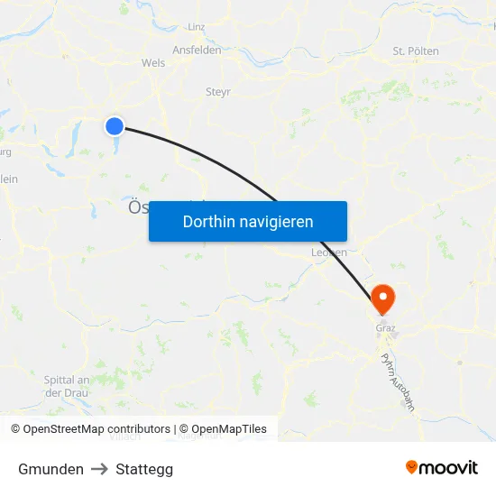 Gmunden to Stattegg map