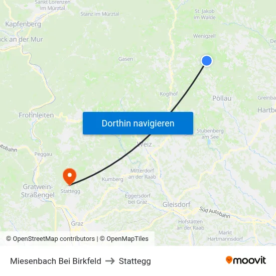 Miesenbach Bei Birkfeld to Stattegg map