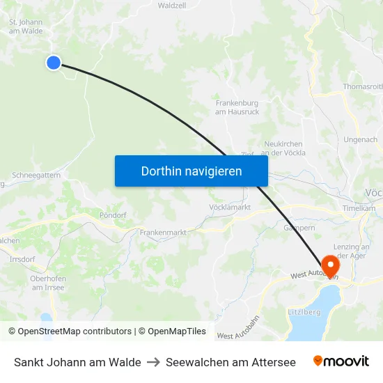 Sankt Johann am Walde to Seewalchen am Attersee map