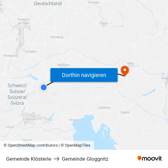 Gemeinde Klösterle to Gemeinde Gloggnitz map