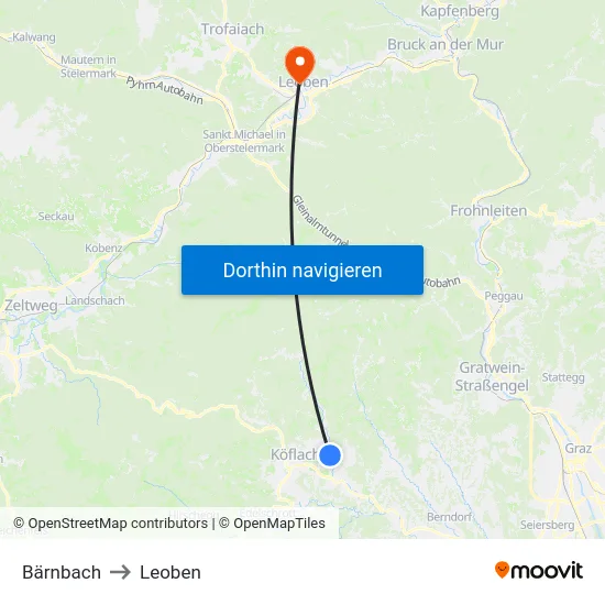 Bärnbach to Leoben map