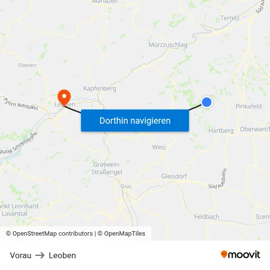 Vorau to Leoben map