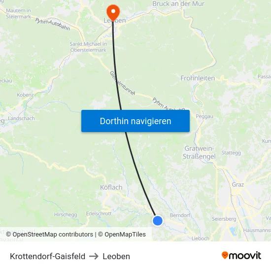Krottendorf-Gaisfeld to Leoben map