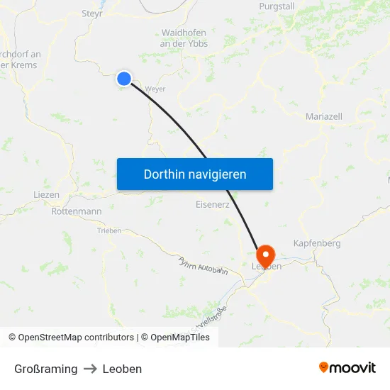 Großraming to Leoben map