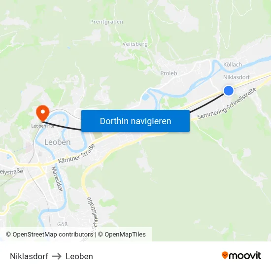 Niklasdorf to Leoben map