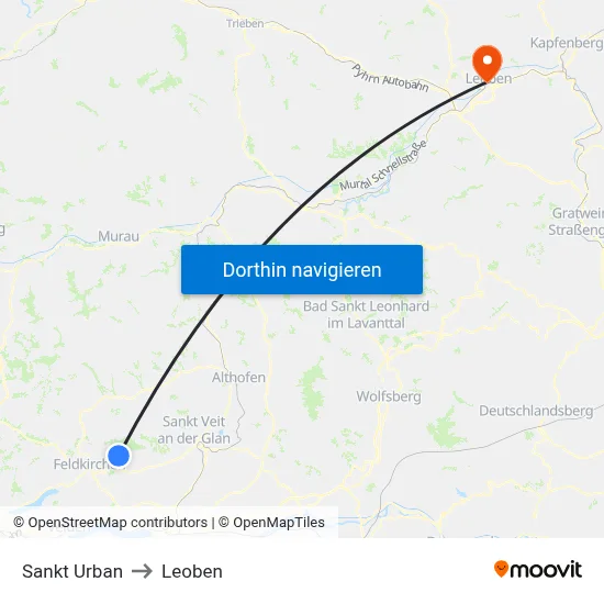 Sankt Urban to Leoben map