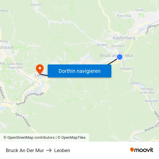 Bruck An Der Mur to Leoben map