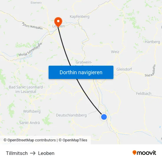 Tillmitsch to Leoben map