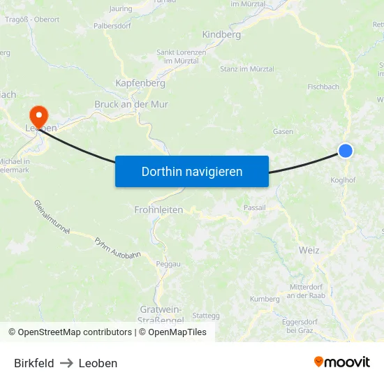 Birkfeld to Leoben map