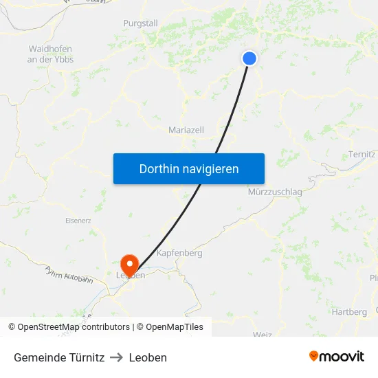 Gemeinde Türnitz to Leoben map