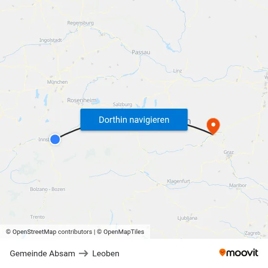 Gemeinde Absam to Leoben map