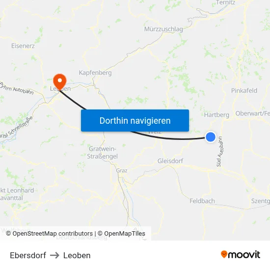 Ebersdorf to Leoben map