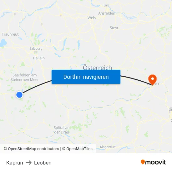 Kaprun to Leoben map