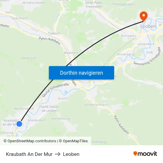 Kraubath An Der Mur to Leoben map