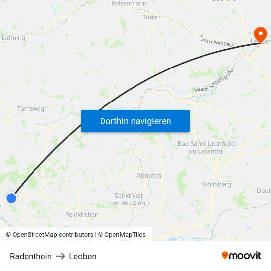Radenthein to Leoben map