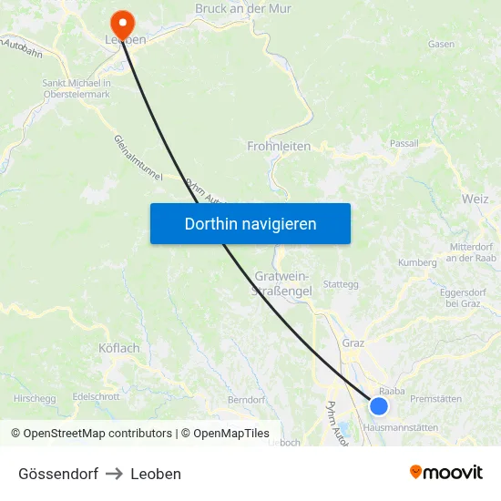 Gössendorf to Leoben map