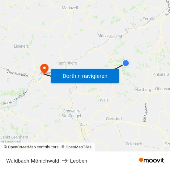 Waldbach-Mönichwald to Leoben map