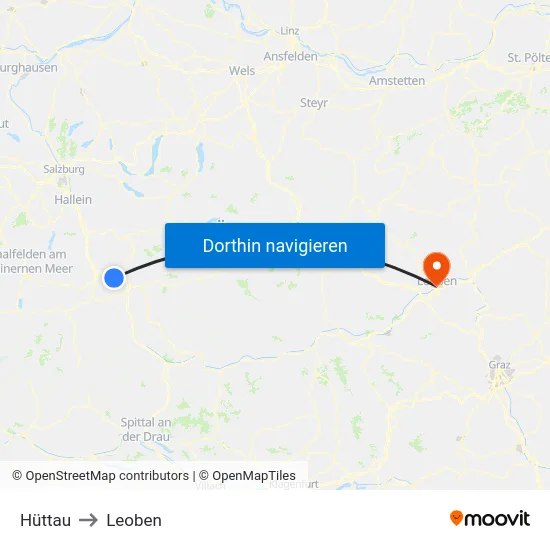 Hüttau to Leoben map