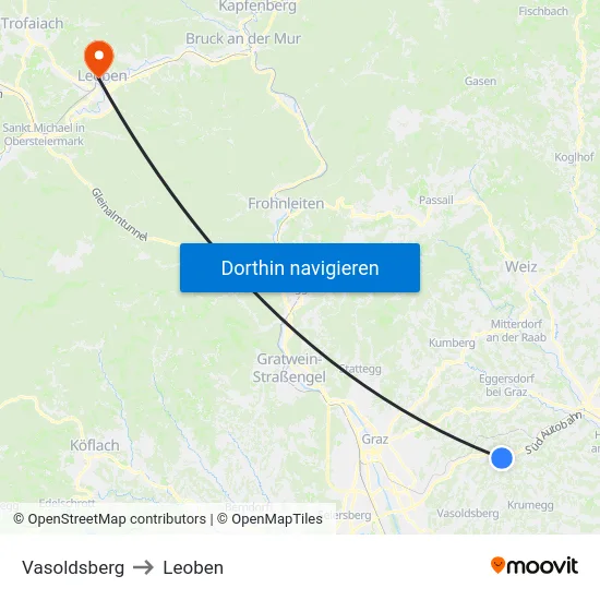 Vasoldsberg to Leoben map