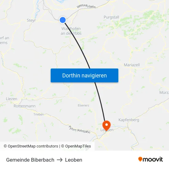 Gemeinde Biberbach to Leoben map