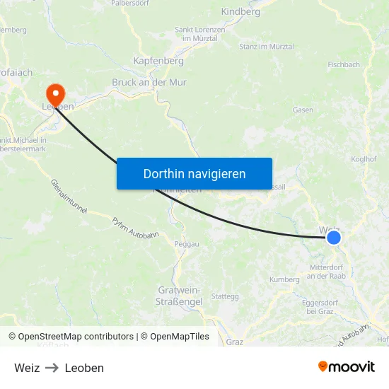Weiz to Leoben map
