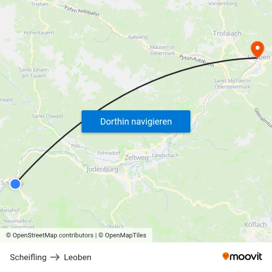Scheifling to Leoben map
