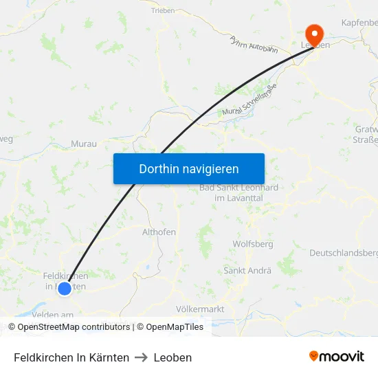 Feldkirchen In Kärnten to Leoben map