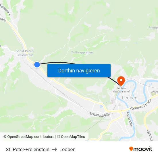 St. Peter-Freienstein to Leoben map