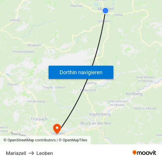 Mariazell to Leoben map