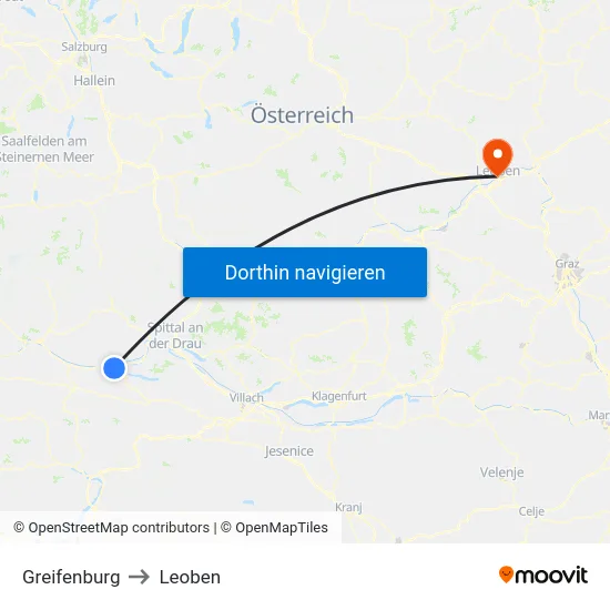Greifenburg to Leoben map