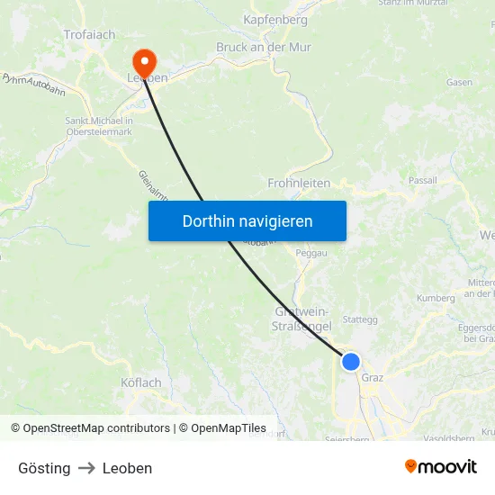 Gösting to Leoben map