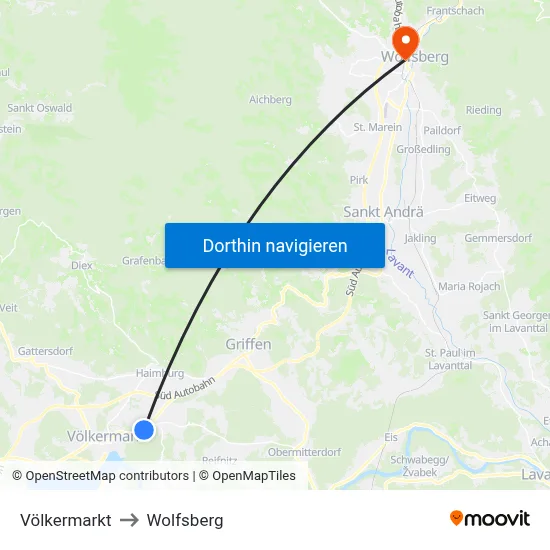 Völkermarkt to Wolfsberg map