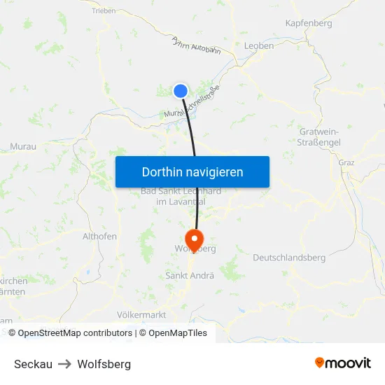 Seckau to Wolfsberg map